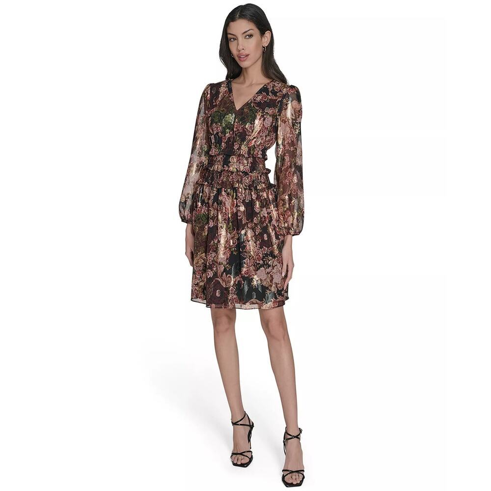Eliza J Metallic Floral Long Sleeve Dress V-Neck Lined Black Multi Size 8 NWOT